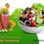 "A fresh bowl of colorful summer vegetables with three glasses of juice, nutrition tips to beat the heat"