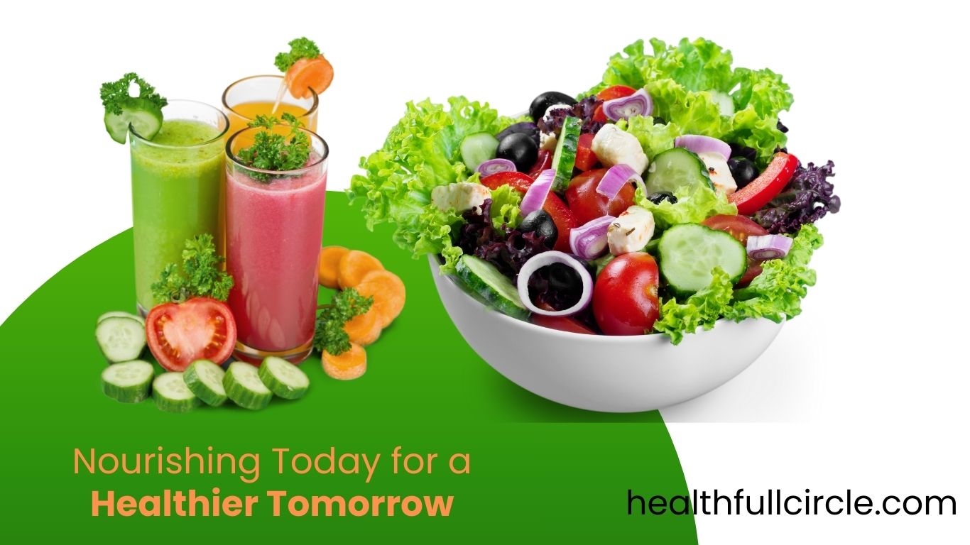 "A fresh bowl of colorful summer vegetables with three glasses of juice, nutrition tips to beat the heat"