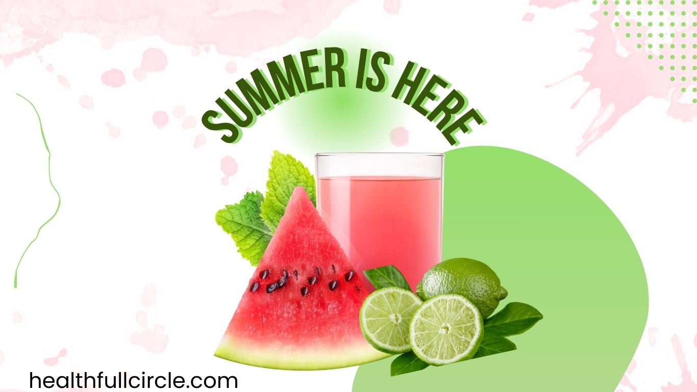 Watermelon slices and juice with mint and lemon — perfect for eating daily in summer to stay hydrated