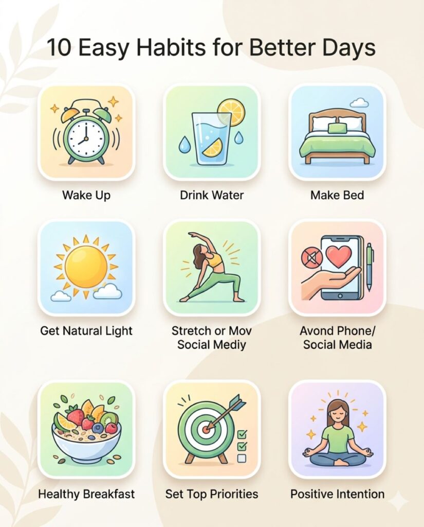 Colorful 10-icon grid infographic showing simple morning routine habits including water, sunlight, making bed, stretching, gratitude, and planning for a better day.

