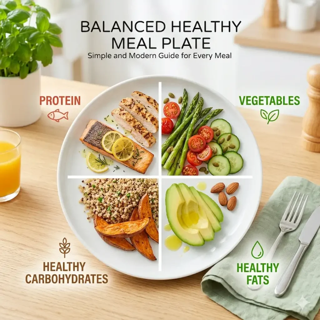 Balanced healthy meal plate showing protein vegetables healthy carbohydrates and fats for easy understanding of healthy eating basics and nutrition balance.