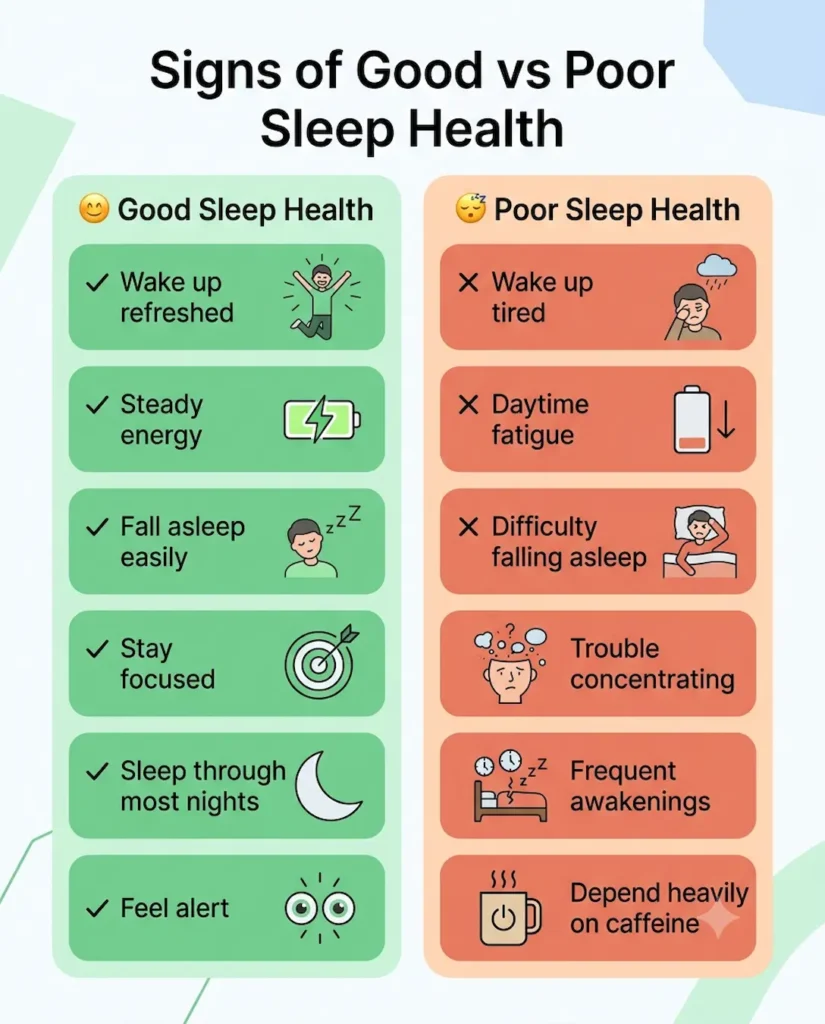 Comparison infographic showing signs of good and poor sleep health.