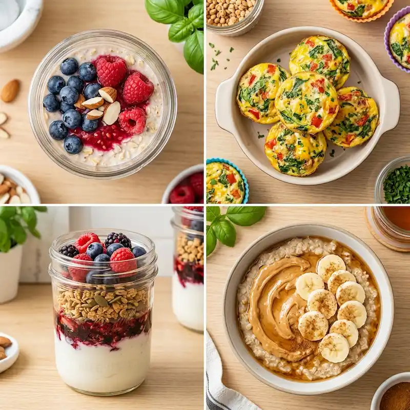 Collage of healthy breakfast meal prep ideas, including overnight oats with berries, egg muffin cups, Greek yogurt parfait jars, and peanut butter banana oatmeal in organized containers.