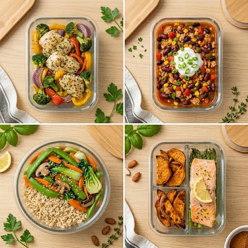 Collage of healthy dinner meal prep ideas, including sheet pan chicken with vegetables, turkey chili, stir-fried vegetables with rice, and baked salmon with sweet potatoes in organized meal containers.