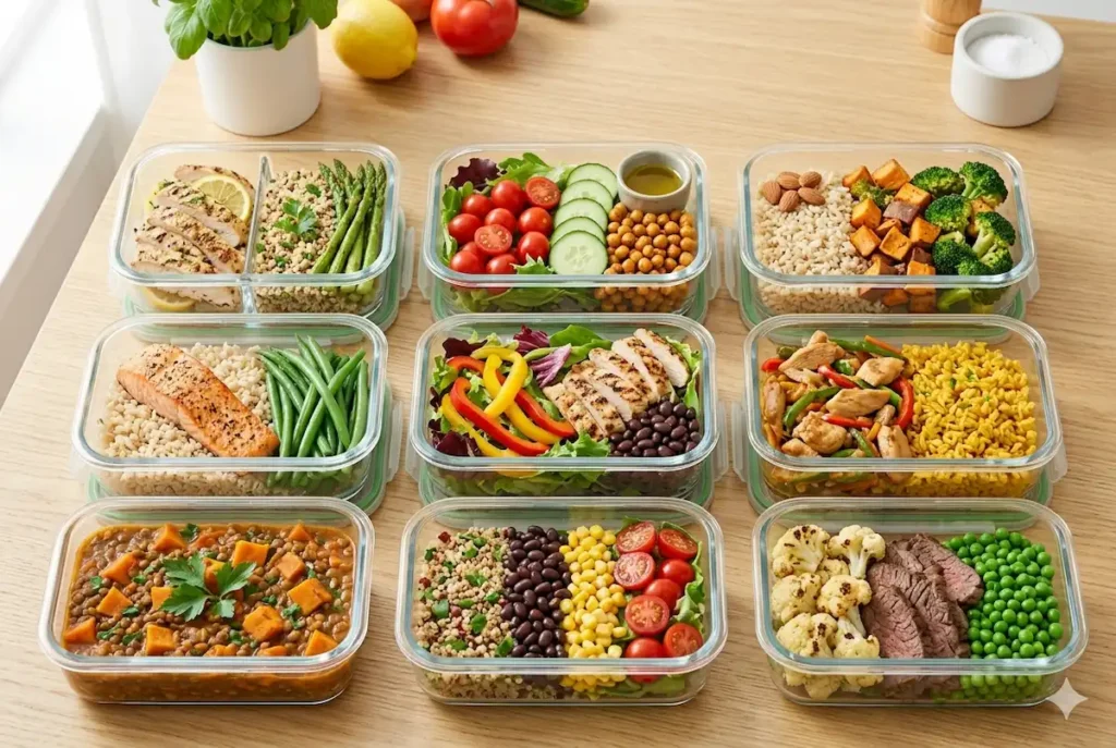 Healthy lunch meal prep ideas showing organized containers with chicken rice vegetables and balanced meals for busy people planning weekly healthy eating.