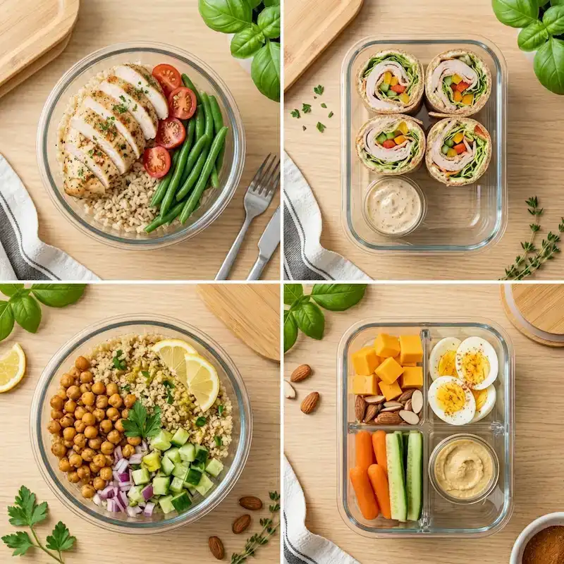 Collage of healthy lunch meal prep ideas, including chicken and brown rice bowls, turkey and veggie wraps, quinoa and chickpea bowls, and protein snack boxes in organized containers.