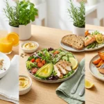 Healthy Meal Ideas complete guide showing balanced breakfast lunch and dinner plates with fresh nutritious foods for everyday healthy eating lifestyle.