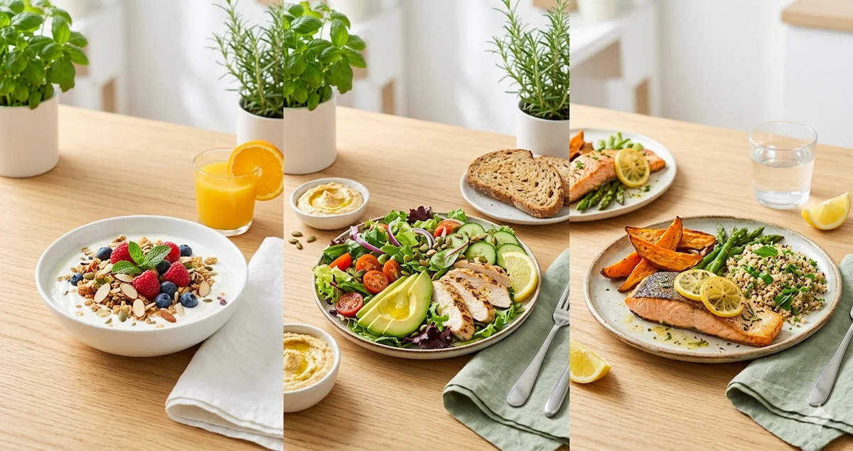 Healthy Meal Ideas complete guide showing balanced breakfast lunch and dinner plates with fresh nutritious foods for everyday healthy eating lifestyle.