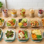 Healthy meal prep ideas for busy people featuring organized containers with breakfast oats, chicken rice bowls, and vegetables arranged in a clean kitchen for weekly meal planning.