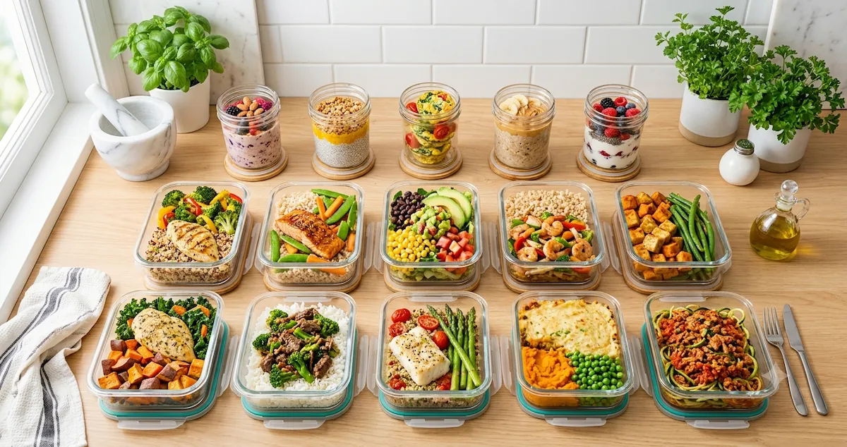 Healthy meal prep ideas for busy people featuring organized containers with breakfast oats, chicken rice bowls, and vegetables arranged in a clean kitchen for weekly meal planning.