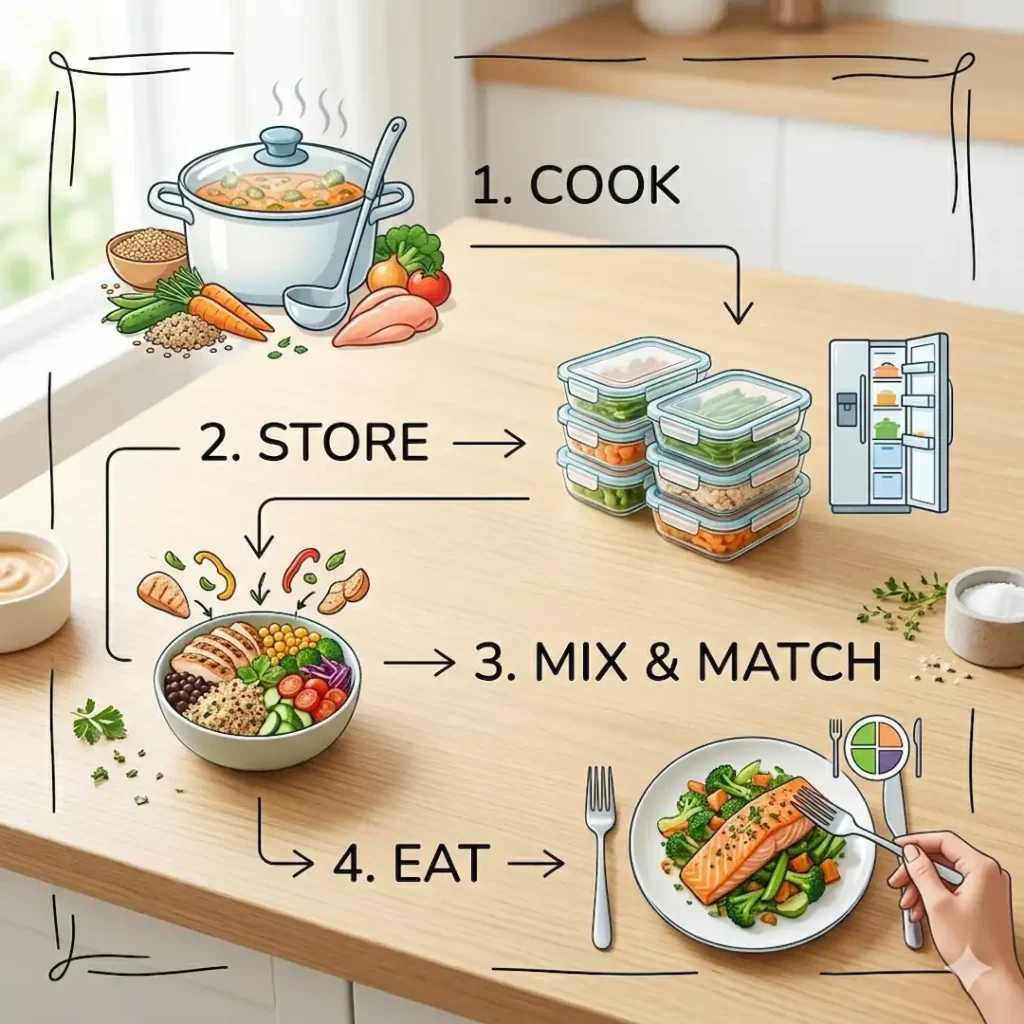 Healthy meal prep system for busy people showing simple workflow steps cook store mix and eat for easy weekly meal planning and time saving healthy eating.