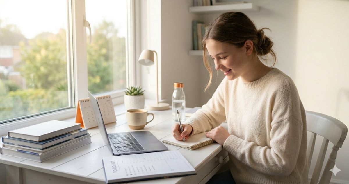 Student following a productive morning routine at a study desk with books, laptop, and planner, representing 10 habits for student success.