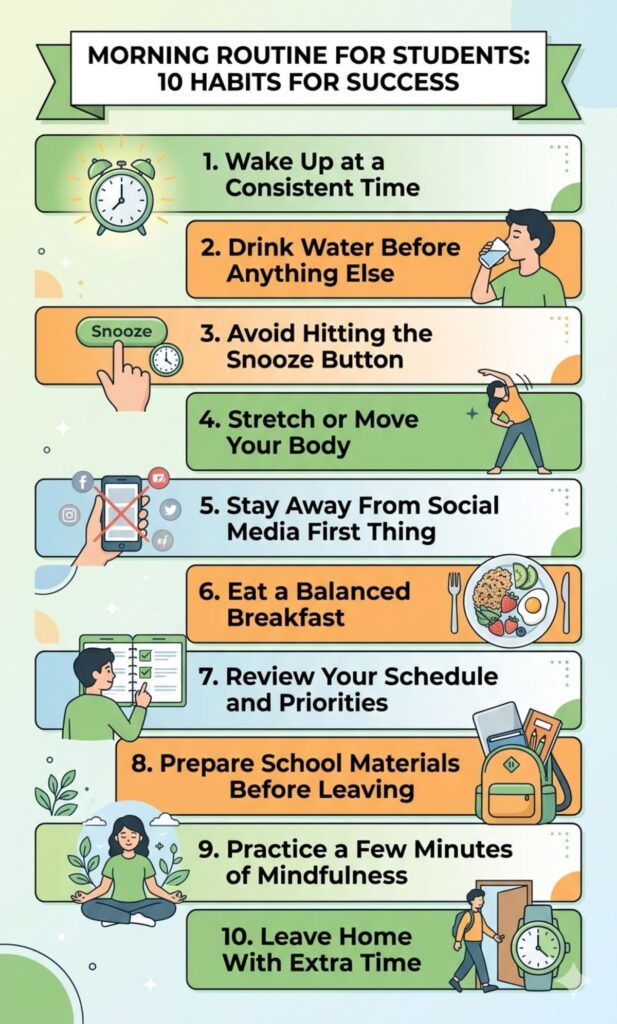 Infographic showing 10 morning routine habits for students, including waking up early, drinking water, stretching, eating breakfast, and planning the day for success.