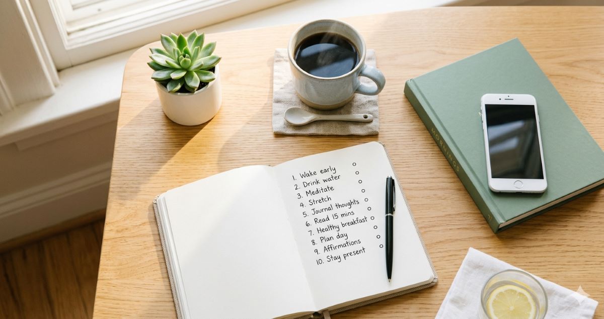 Bright flat lay of a morning desk setup with journal checklist, coffee, and sunlight representing a simple morning routine checklist with 10 easy habits for better days.