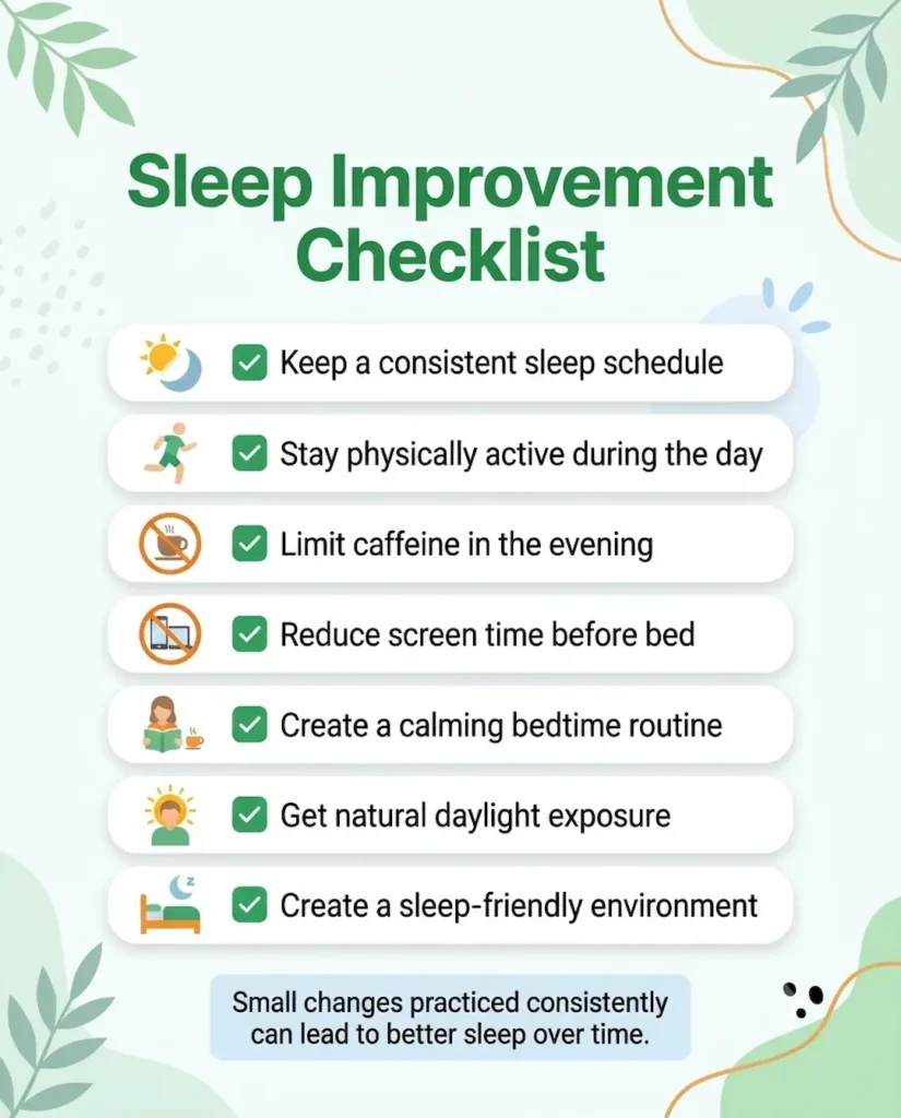 Sleep improvement checklist featuring healthy sleep habits and sleep hygiene tips.