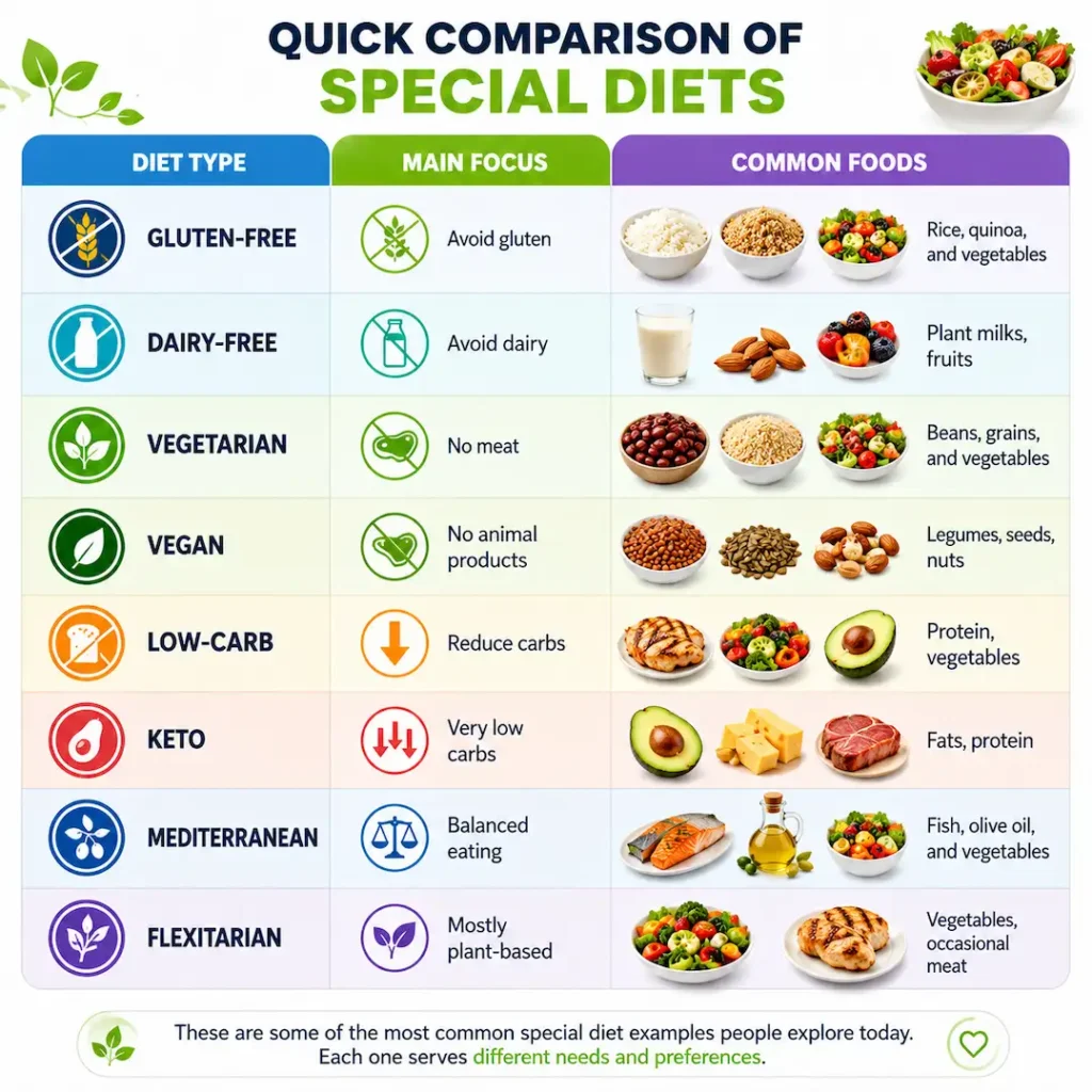 Color-coded diet comparison chart showing vegan, keto, Mediterranean, gluten-free, vegetarian, and low-carb diet types.