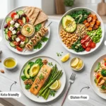 Special Diets Guide showing Mediterranean, vegan, keto, and gluten-free healthy meal options in a vibrant lifestyle collage.