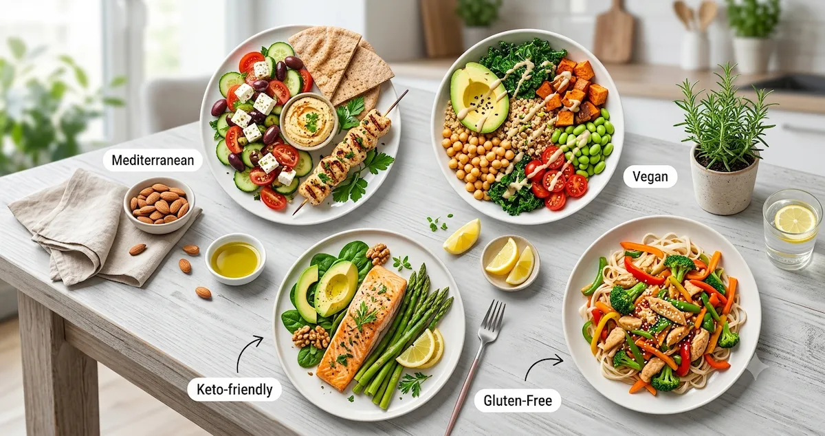 Special Diets Guide showing Mediterranean, vegan, keto, and gluten-free healthy meal options in a vibrant lifestyle collage.