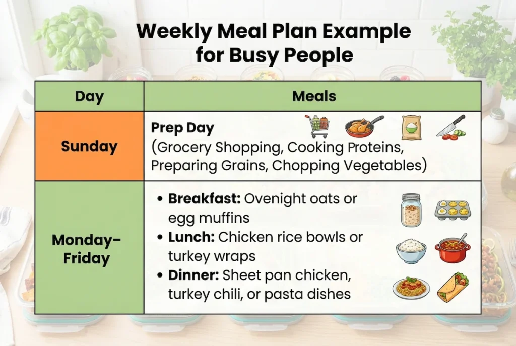 Weekly meal plan example for busy people showing a simple structured table with Sunday meal prep day and Monday to Friday breakfast, lunch, and dinner schedule.