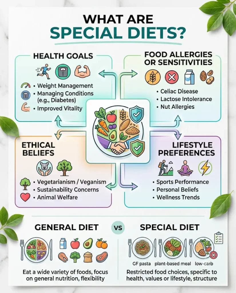 Infographic explaining what are special diets with reasons like health goals, allergies, ethics, and lifestyle choices in healthy eating guide.
