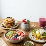 Healthy Gluten-Free Breakfast Ideas including yogurt, avocado toast, smoothie bowl, chia pudding, and banana oat pancakes.