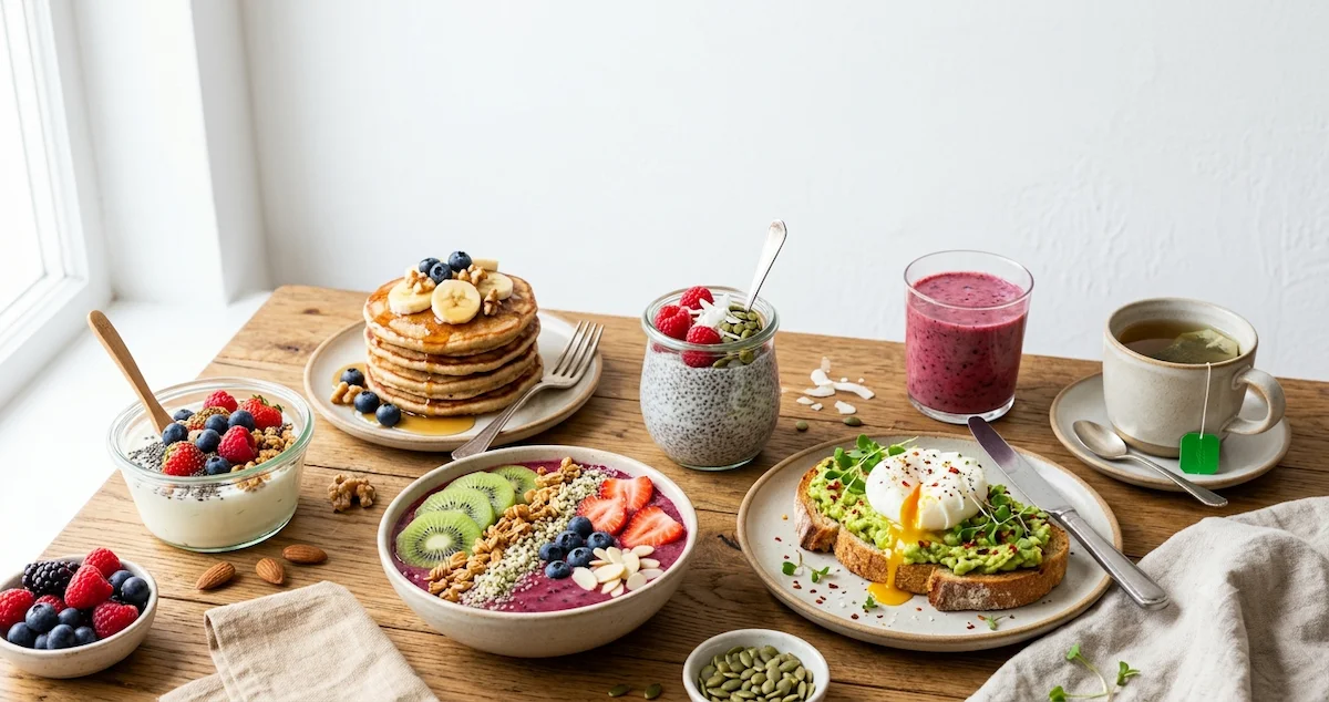 Healthy Gluten-Free Breakfast Ideas including yogurt, avocado toast, smoothie bowl, chia pudding, and banana oat pancakes.