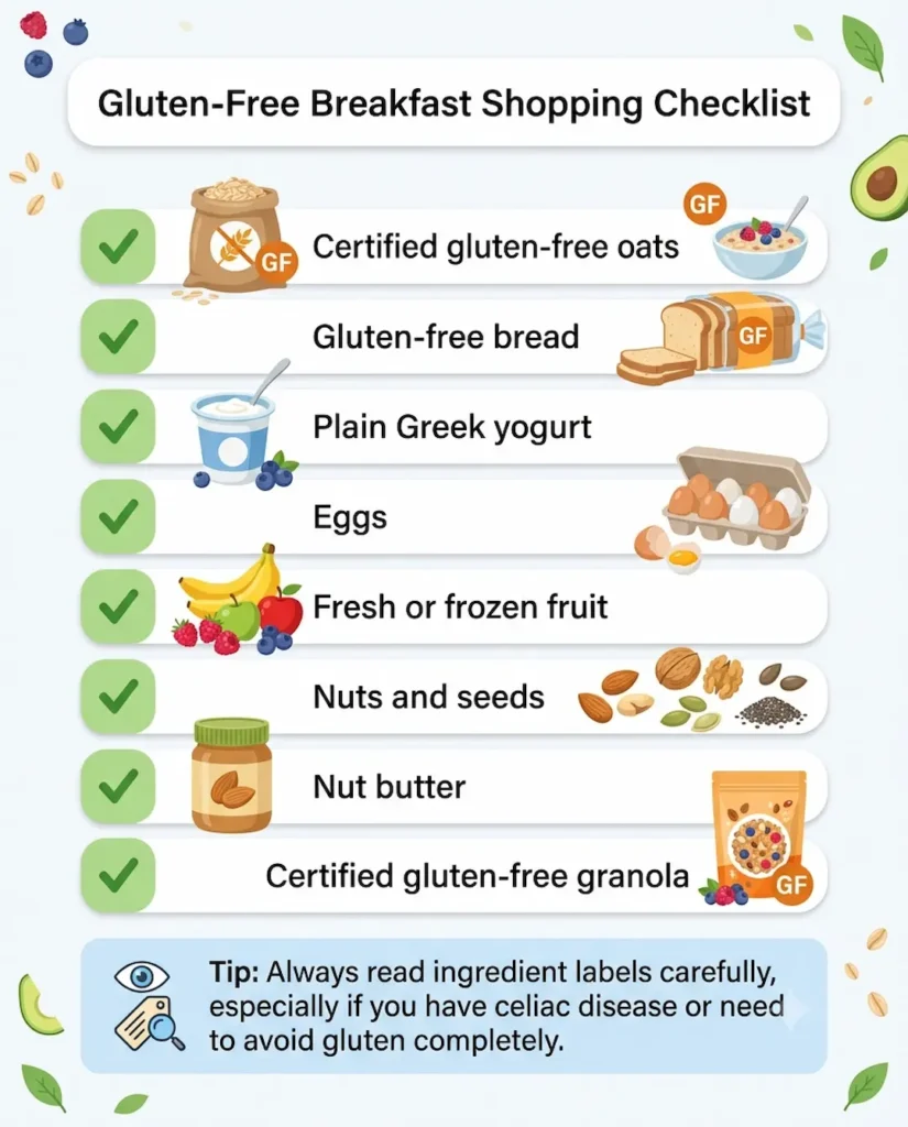 Gluten-Free Breakfast Shopping Checklist with essential gluten-free breakfast staples.